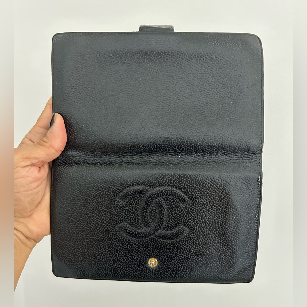 CHANEL CC Caviar Skin Leather Bifold Long Vintage Womens Wallet Black Authentic - Picture 7 of 17